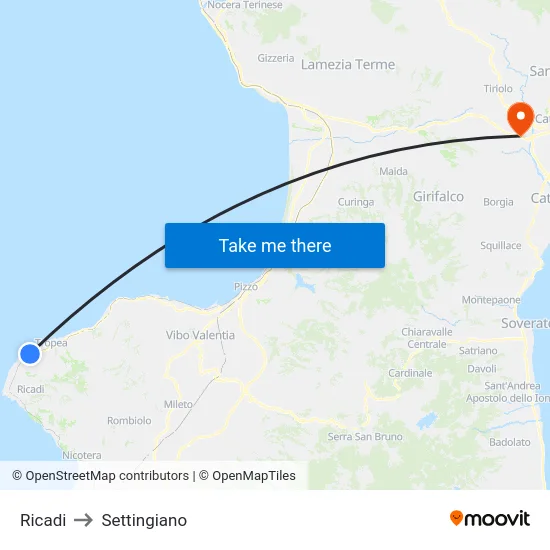 Ricadi to Settingiano map