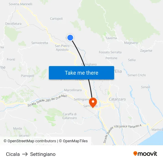 Cicala to Settingiano map