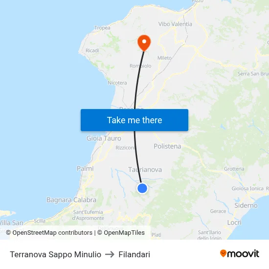 Terranova Sappo Minulio to Filandari map
