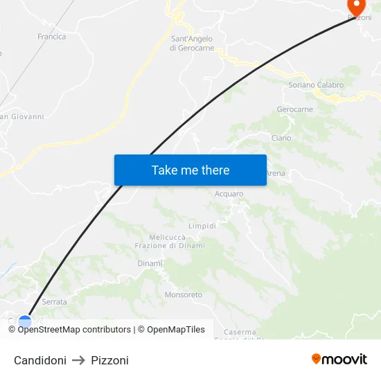 Candidoni to Pizzoni map