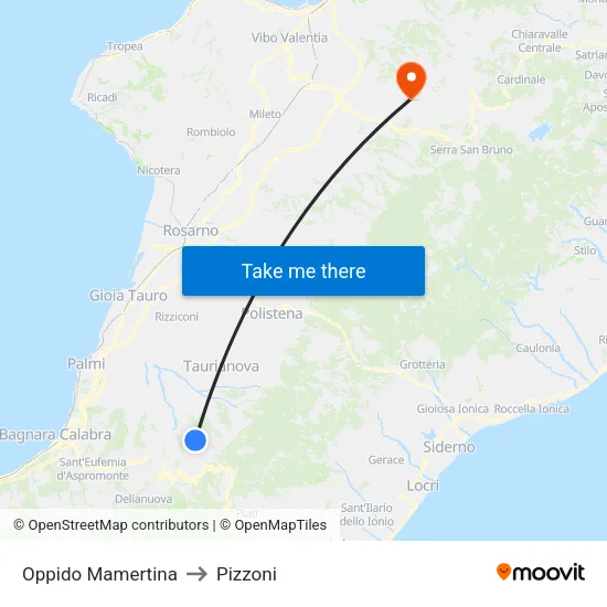 Oppido Mamertina to Pizzoni map