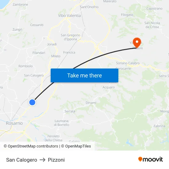 San Calogero to Pizzoni map