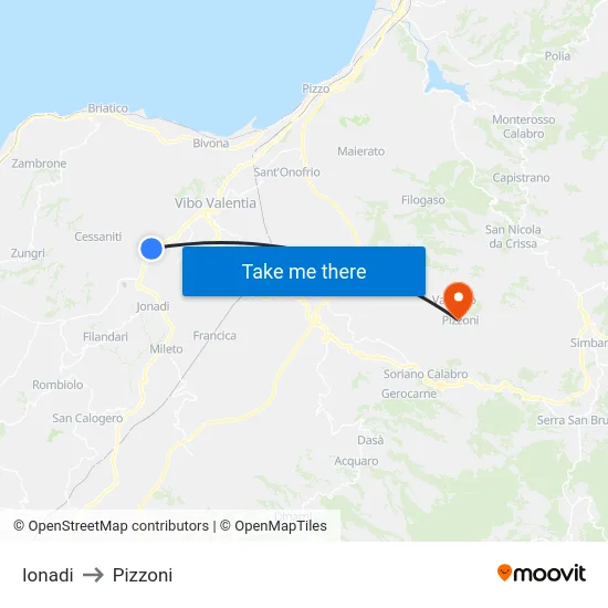 Ionadi to Pizzoni map