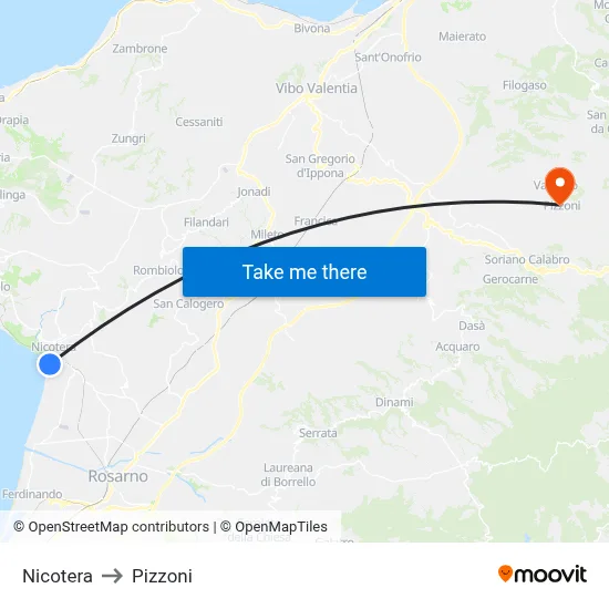 Nicotera to Pizzoni map