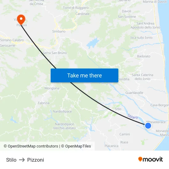 Stilo to Pizzoni map