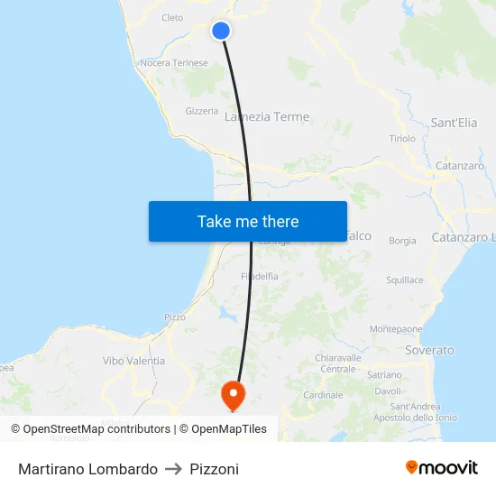 Martirano Lombardo to Pizzoni map