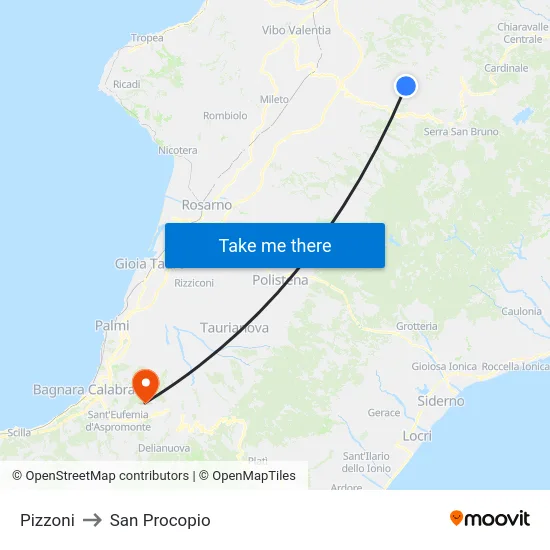 Pizzoni to San Procopio map