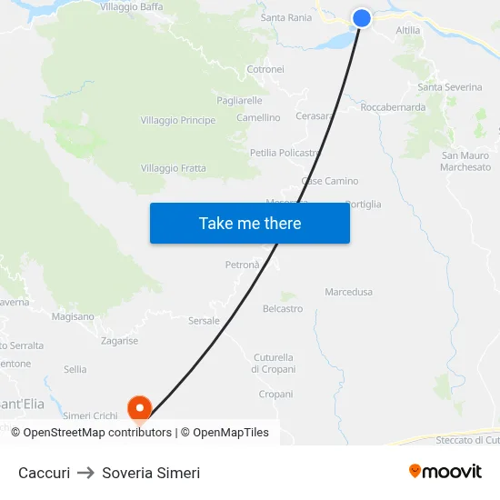 Caccuri to Soveria Simeri map