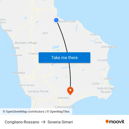 Corigliano-Rossano to Soveria Simeri map