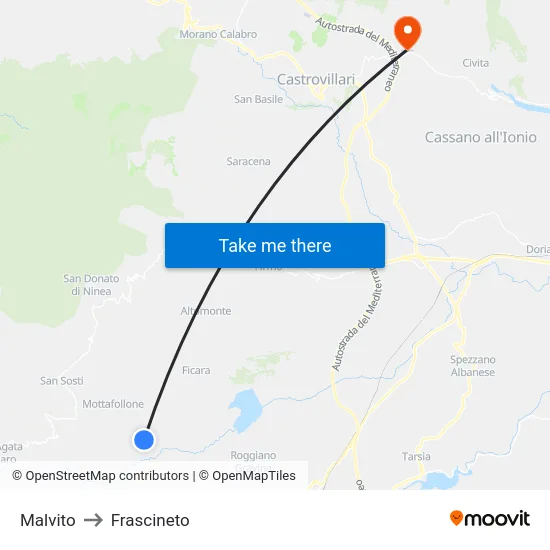 Malvito to Frascineto map