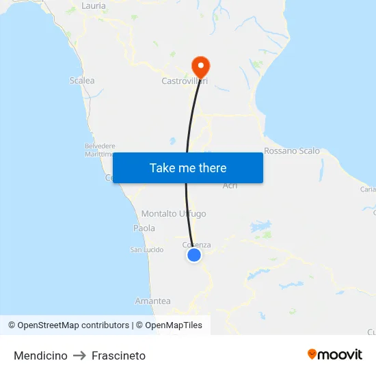 Mendicino to Frascineto map