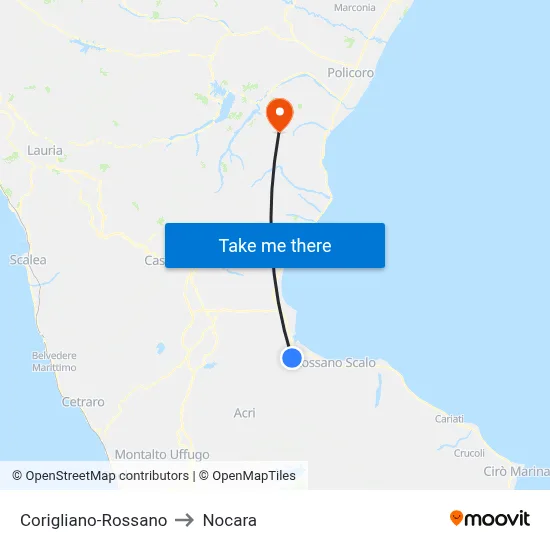 Corigliano-Rossano to Nocara map