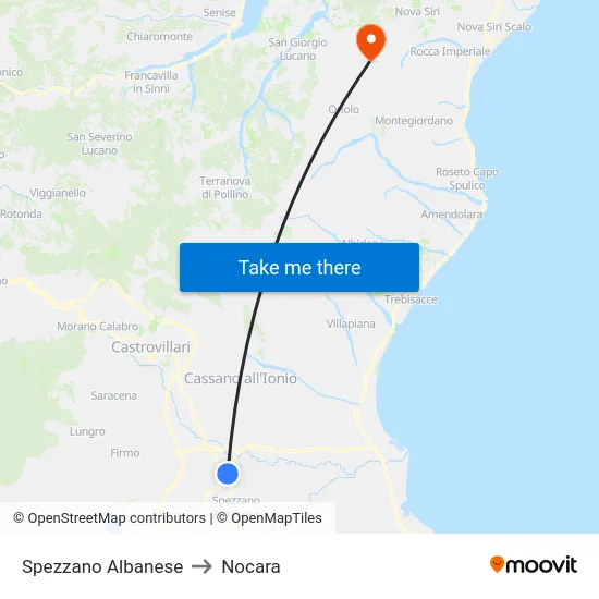 Spezzano Albanese to Nocara map