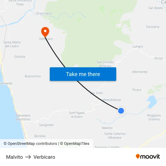 Malvito to Verbicaro map