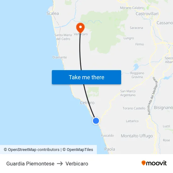 Guardia Piemontese to Verbicaro map