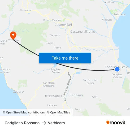 Corigliano-Rossano to Verbicaro map