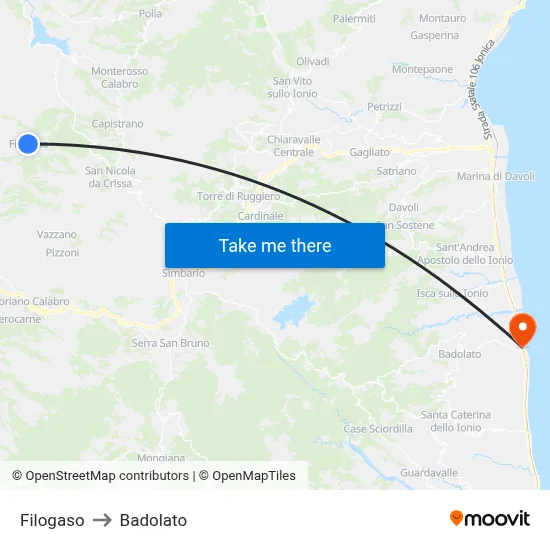 Filogaso to Badolato map