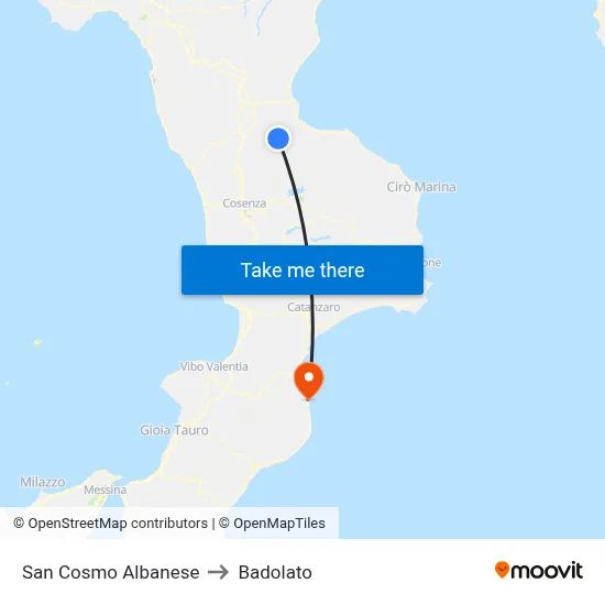 San Cosmo Albanese to Badolato map