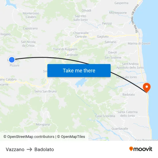 Vazzano to Badolato map