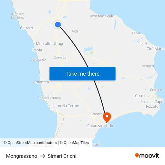 Mongrassano to Simeri Crichi map