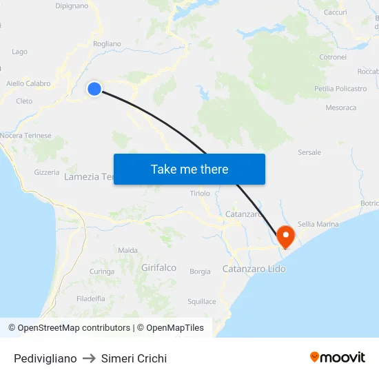 Pedivigliano to Simeri Crichi map