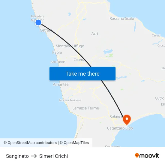 Sangineto to Simeri Crichi map