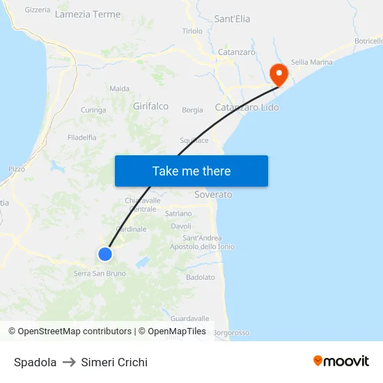 Spadola to Simeri Crichi map