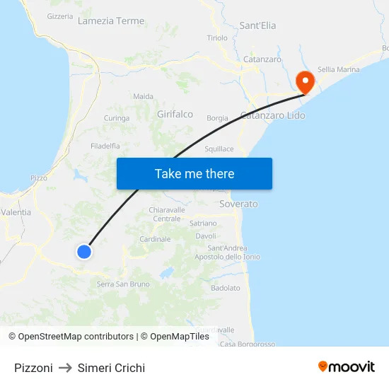 Pizzoni to Simeri Crichi map