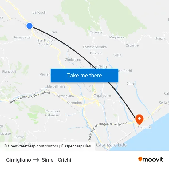 Gimigliano to Simeri Crichi map