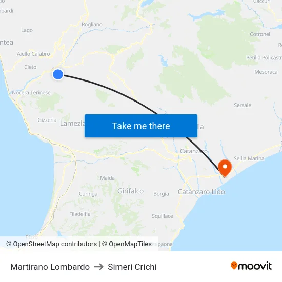 Martirano Lombardo to Simeri Crichi map