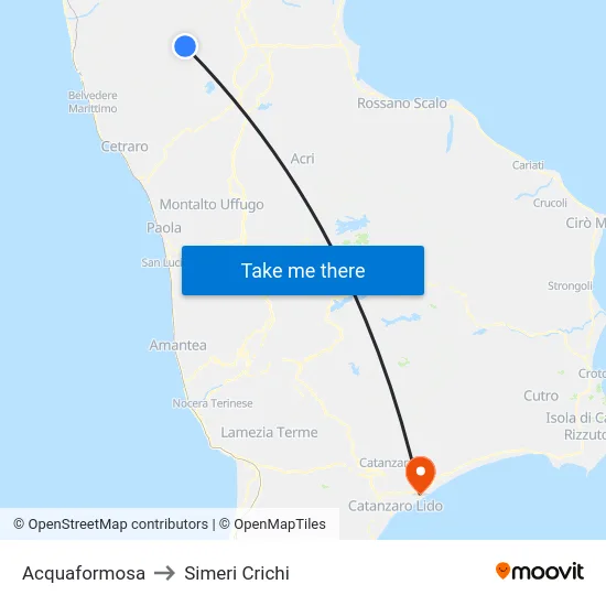 Acquaformosa to Simeri Crichi map