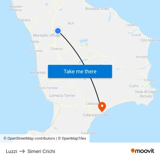 Luzzi to Simeri Crichi map