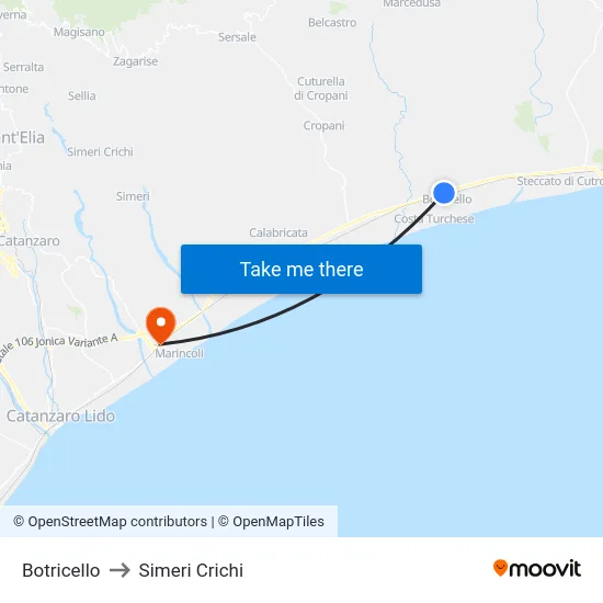 Botricello to Simeri Crichi map