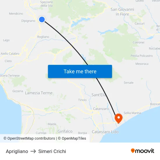 Aprigliano to Simeri Crichi map