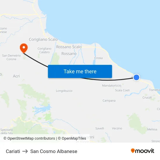 Cariati to San Cosmo Albanese map