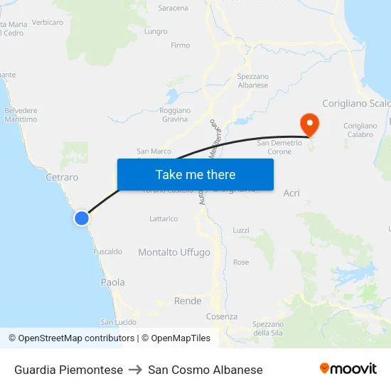Guardia Piemontese to San Cosmo Albanese map