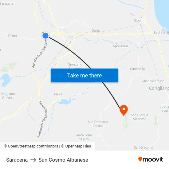 Saracena to San Cosmo Albanese map