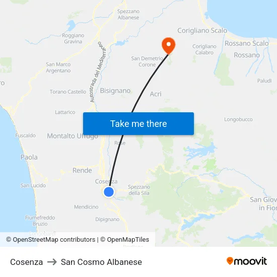 Cosenza to San Cosmo Albanese map