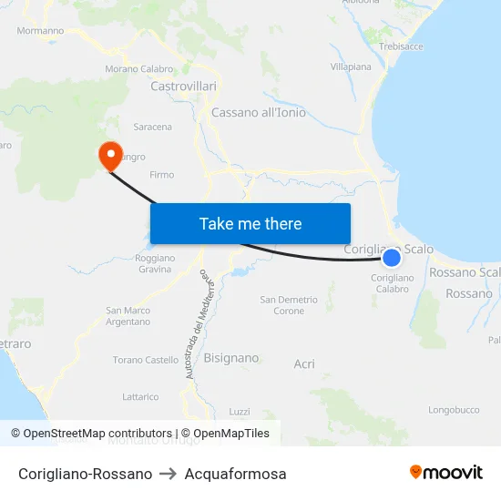 Corigliano-Rossano to Acquaformosa map