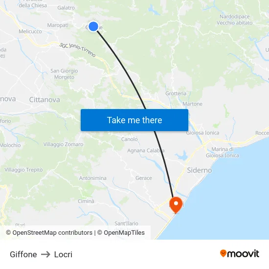 Giffone to Locri map