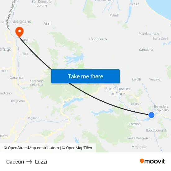 Caccuri to Luzzi map