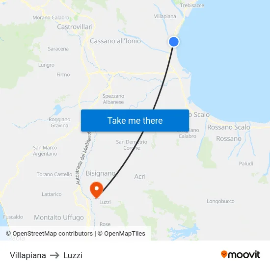 Villapiana to Luzzi map
