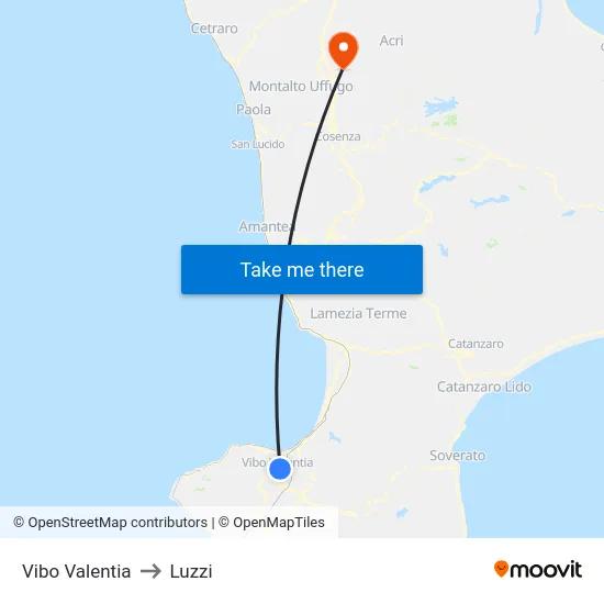 Vibo Valentia to Luzzi map