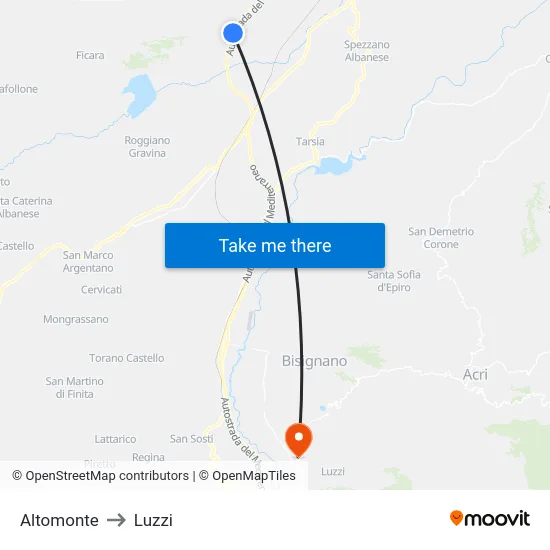 Altomonte to Luzzi map