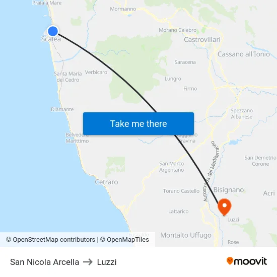 San Nicola Arcella to Luzzi map