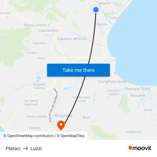 Plataci to Luzzi map