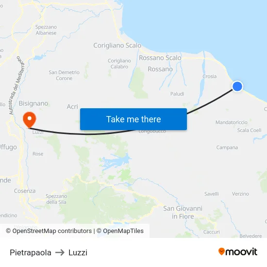 Pietrapaola to Luzzi map