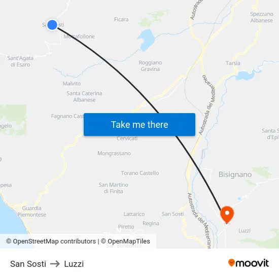 San Sosti to Luzzi map