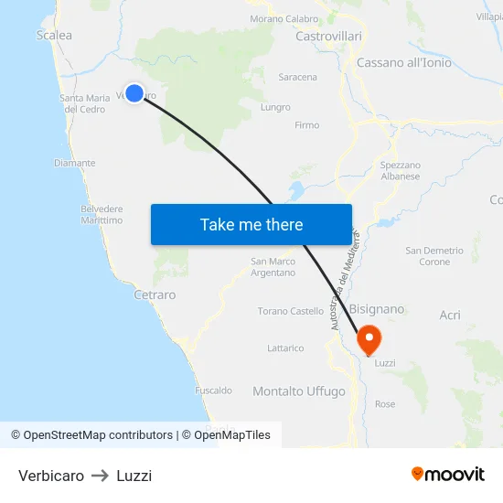 Verbicaro to Luzzi map