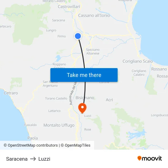 Saracena to Luzzi map